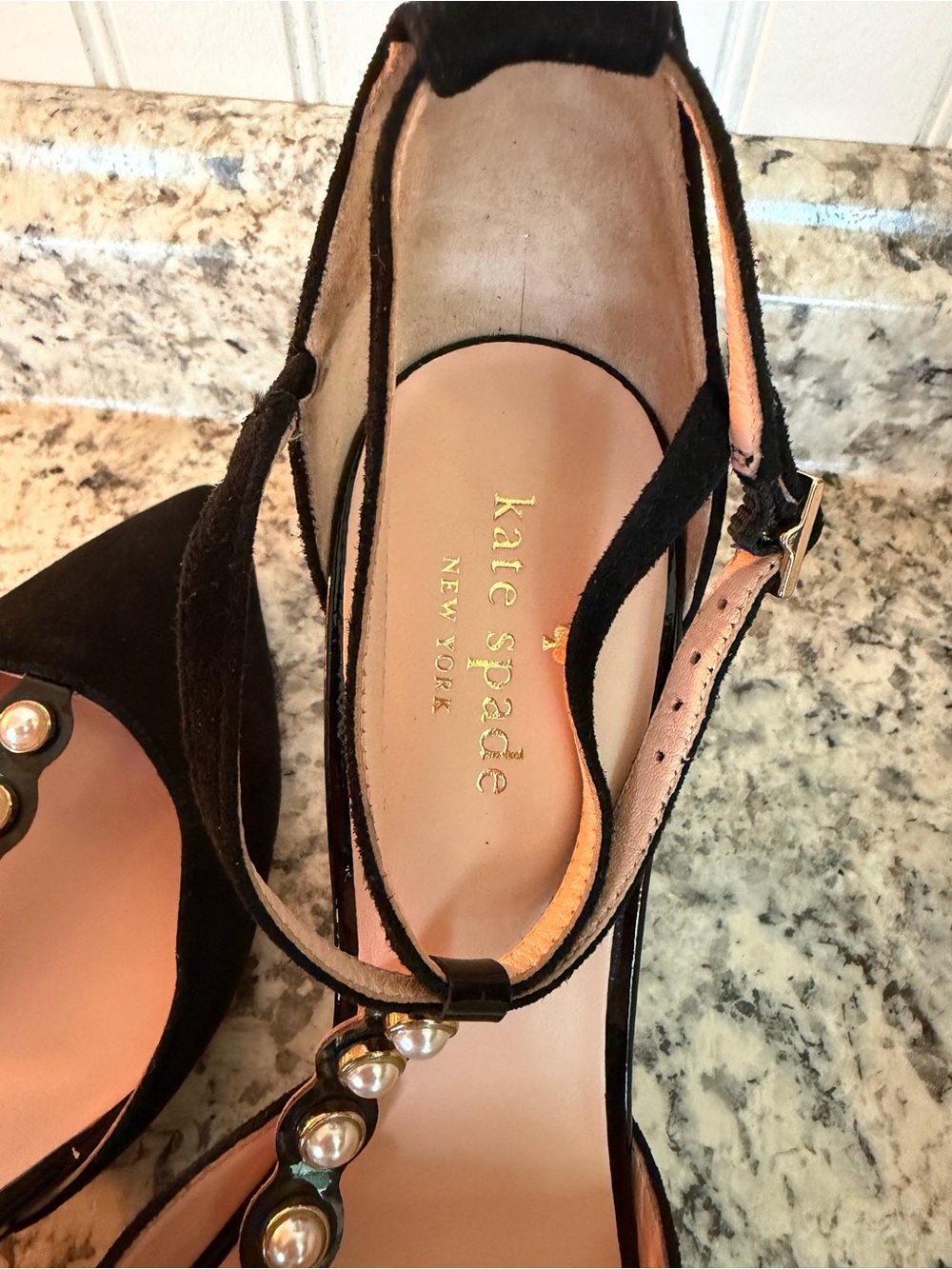 kate spade Black Suede T-Strap Block Heel Pumps with Gold Pearl Sexy Career - Picture 8 of 8